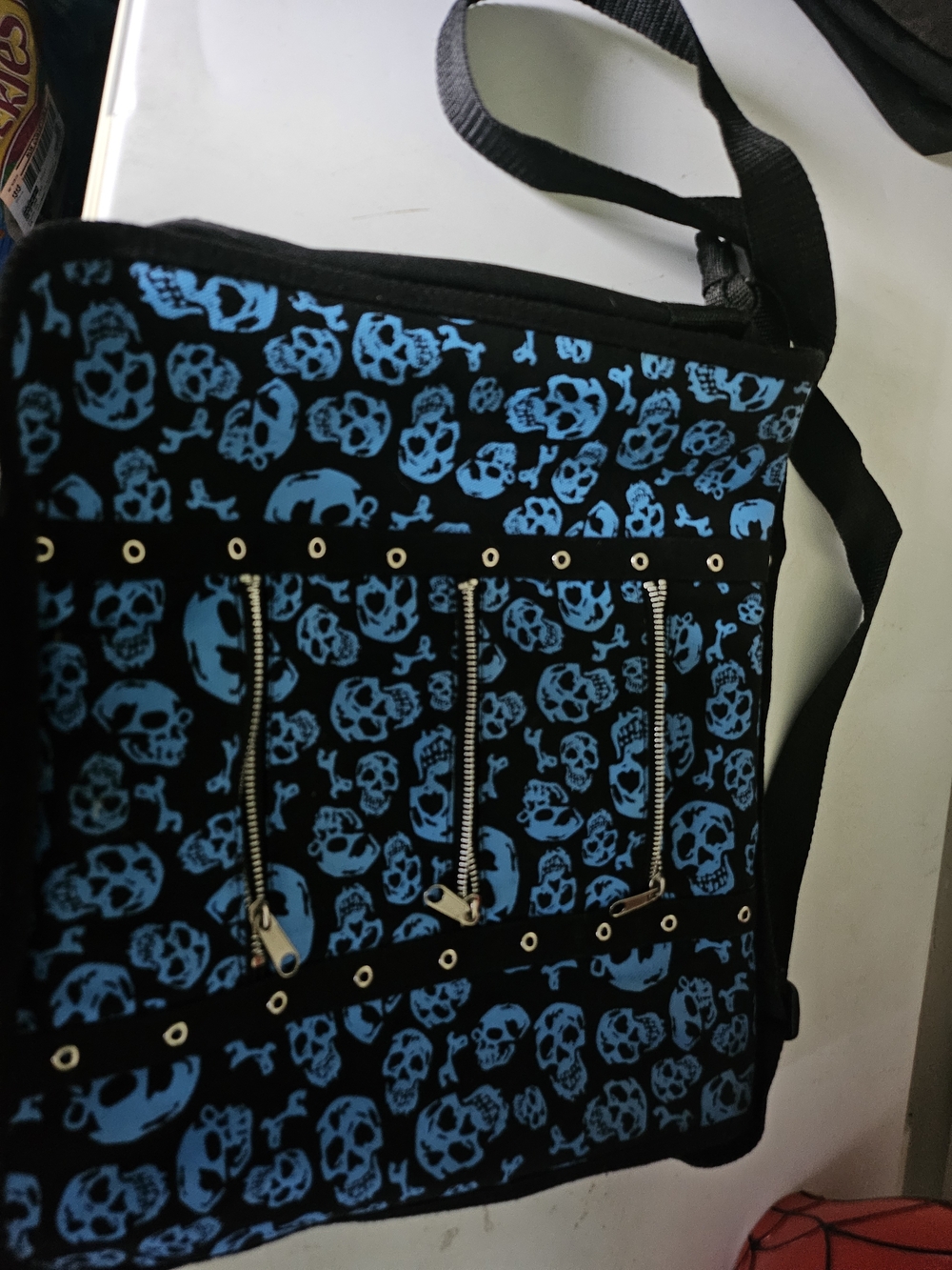 Demonia Blue Skull Print Crossbody Messanger Bag with Zipper Accents